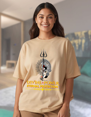 Riwazah Printed Women Round Neck Beige T-Shirt