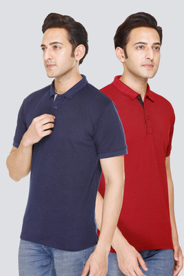 indian krait Solid Men Polo Neck Red, Navy Blue T-Shirt