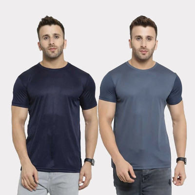 TQH Solid Men Round Neck Dark Blue, Grey T-Shirt
