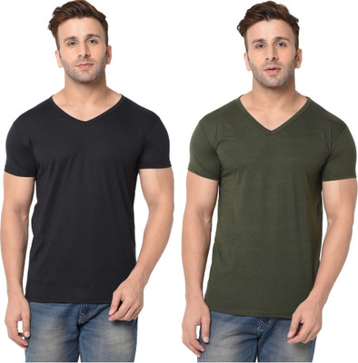 Tresna Fab Solid Men V Neck Dark Green, Black T-Shirt