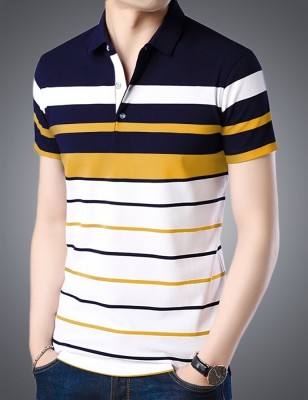 EyeBogler Striped Men Polo Neck White, Blue, Yellow T-Shirt