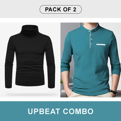 AUSK Solid Men Mandarin Collar Black, Blue T-Shirt