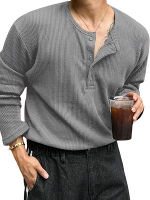 The Modern Soul Solid Men Henley Neck Grey T-Shirt