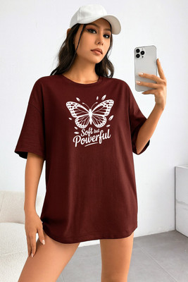 Stylicity Printed Women Round Neck Brown T-Shirt