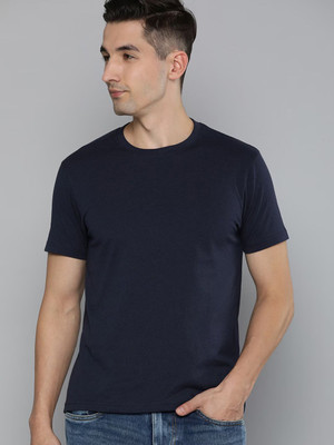 OrrganicChics Solid Men Round Neck Navy Blue T-Shirt