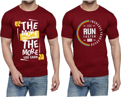 WOOSTRO Printed Men Round Neck Maroon T-Shirt