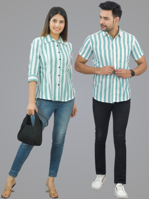 QuaClo Striped Couple Polo Neck Green T-Shirt