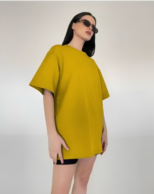 Sahuone Solid Women Round Neck Yellow T-Shirt