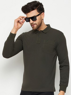 98 Degree North Solid Men Polo Neck Dark Green T-Shirt