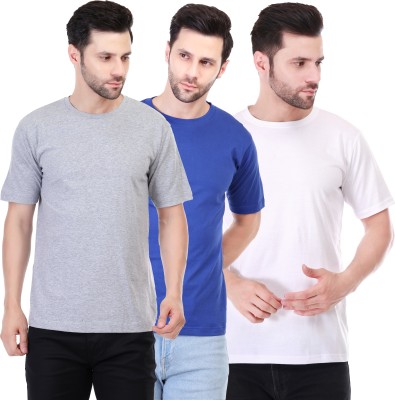 Fabarroe Solid Men Round Neck Grey, Dark Blue, White T-Shirt