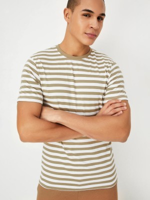 MAX Striped Men Round Neck Brown, White T-Shirt