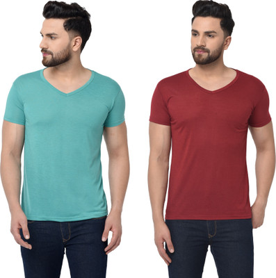 Tresna Trendy Solid Men V Neck Maroon, Light Green T-Shirt
