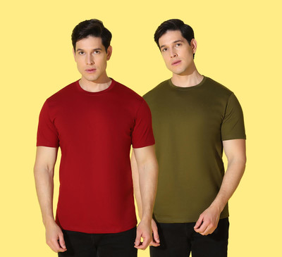 WOOSTRO Solid Men Round Neck Red, Green T-Shirt