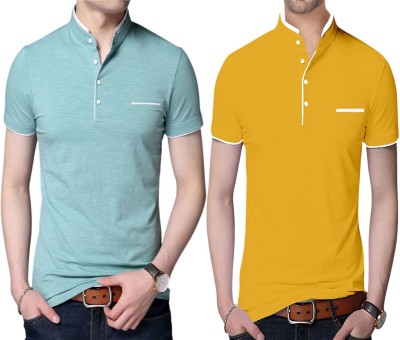Style Pitara Solid Men Mandarin Collar Light Green, Yellow T-Shirt