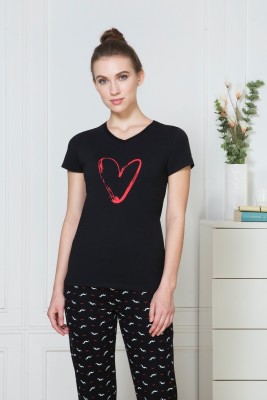 VAN HEUSEN Printed Women V Neck Black T-Shirt