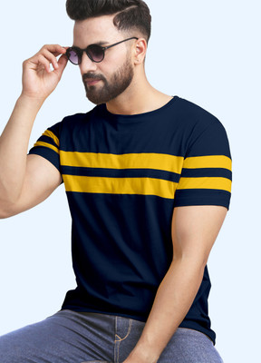 AUSK Striped Men Round Neck Navy Blue, Yellow T-Shirt