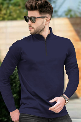 TRIPR Solid Men Henley Neck Navy Blue T-Shirt
