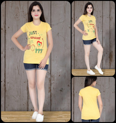 Perfect Outlet Typography Women Round Neck Yellow T-Shirt