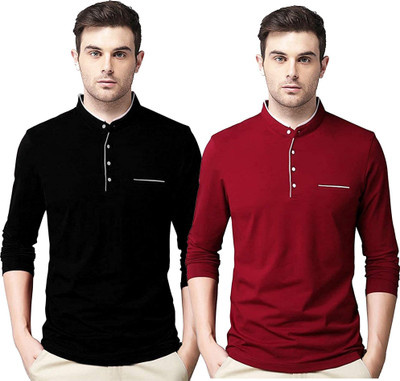 JB Jagoboy Solid Men Henley Neck Maroon, Black T-Shirt
