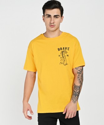 defacto Printed, Typography Men Round Neck Yellow T-Shirt