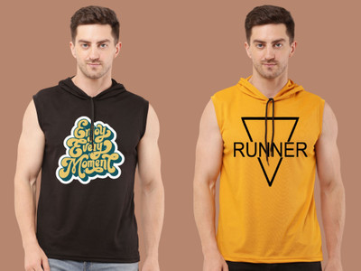 Mundali Printed Men Hooded Neck Black, Yellow T-Shirt