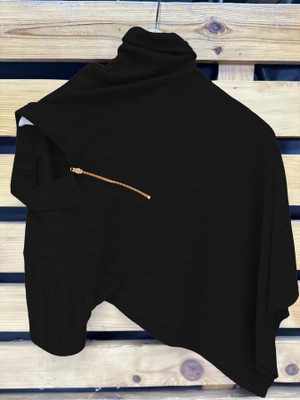 ytrick Self Design Men Zip Neck Black T-Shirt