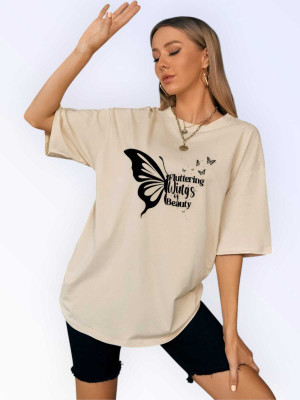 Fluffy Enterprises Printed Women Round Neck Beige T-Shirt