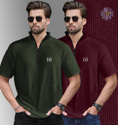 FastColors Self Design Men Zip Neck Multicolor T-Shirt