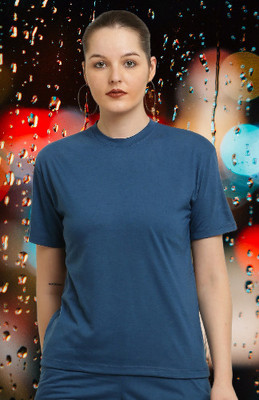 elegance redefined Solid Women Round Neck Blue T-Shirt