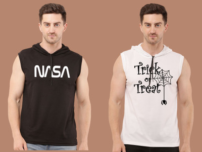 Mundali Printed Men Hooded Neck Black, White T-Shirt