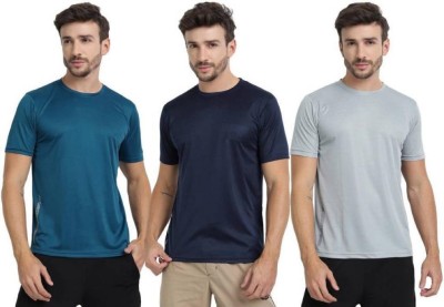 ALPHINE Solid Men Round Neck Grey, Navy Blue, Silver T-Shirt