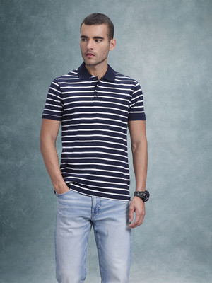 Roadster Striped Men Polo Neck Blue T-Shirt