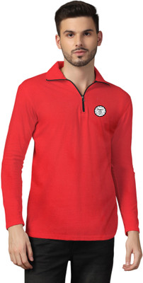 GEUM Solid Men Zip Neck Red T-Shirt