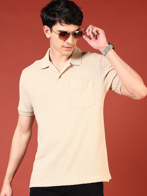 V-MART Solid Men Polo Neck Beige T-Shirt