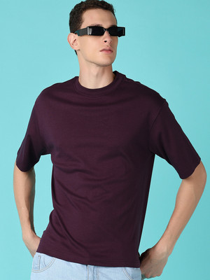 V-MART Solid Men Round Neck Purple T-Shirt