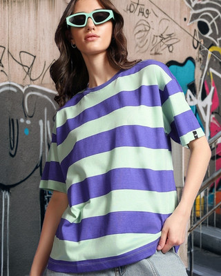BEWAKOOF Striped Women Round Neck Blue, Green T-Shirt