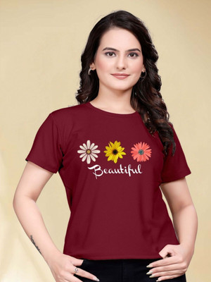 Moda Rapido Printed Women Round Neck Maroon T-Shirt