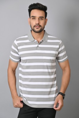Arbour Striped Men Polo Neck Grey T-Shirt