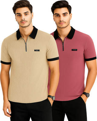 R ROCKIN TEES Solid Men Zip Neck Multicolor T-Shirt