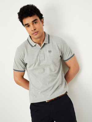 MAX Solid Men Polo Neck Grey T-Shirt