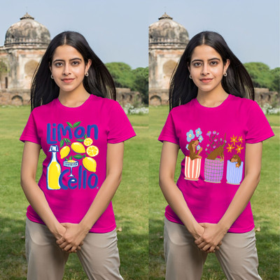 Parona Printed Women Round Neck Pink T-Shirt