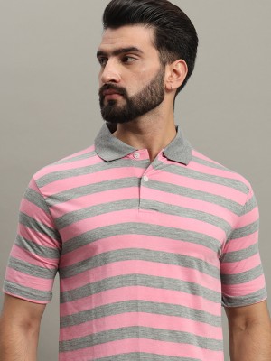 GETGOLF Striped Men Polo Neck Pink T-Shirt