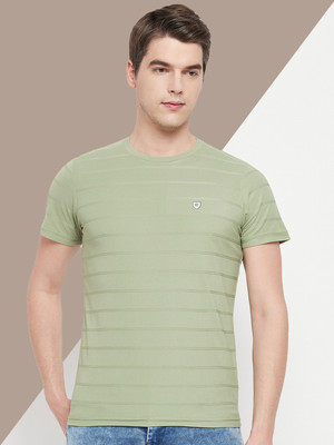 OGEN Striped Men Round Neck Light Green T-Shirt