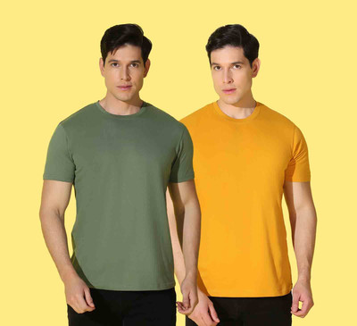 WOOSTRO Solid, Printed, Typography Men Round Neck Yellow, Dark Green T-Shirt