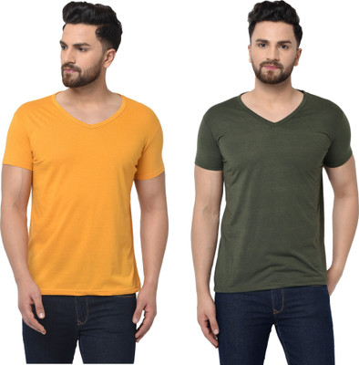 Tresna Fab Solid Men V Neck Green, Yellow T-Shirt