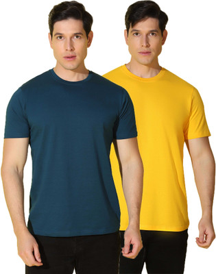 WOOSTRO Solid Men Round Neck Blue, Yellow T-Shirt
