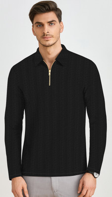 KAJARU Self Design Men Polo Neck Black T-Shirt