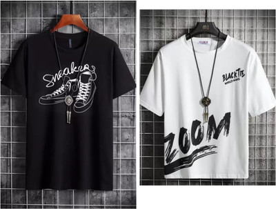 TEE TREE Printed Men Round Neck Black, White T-Shirt
