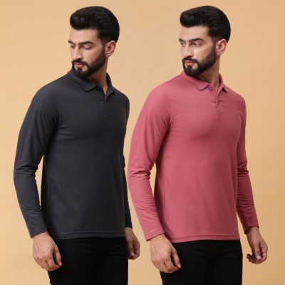 We Perfect Solid Men Polo Neck Grey, Pink T-Shirt