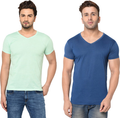 Tresna Fab Solid Men V Neck Blue, Light Green T-Shirt
